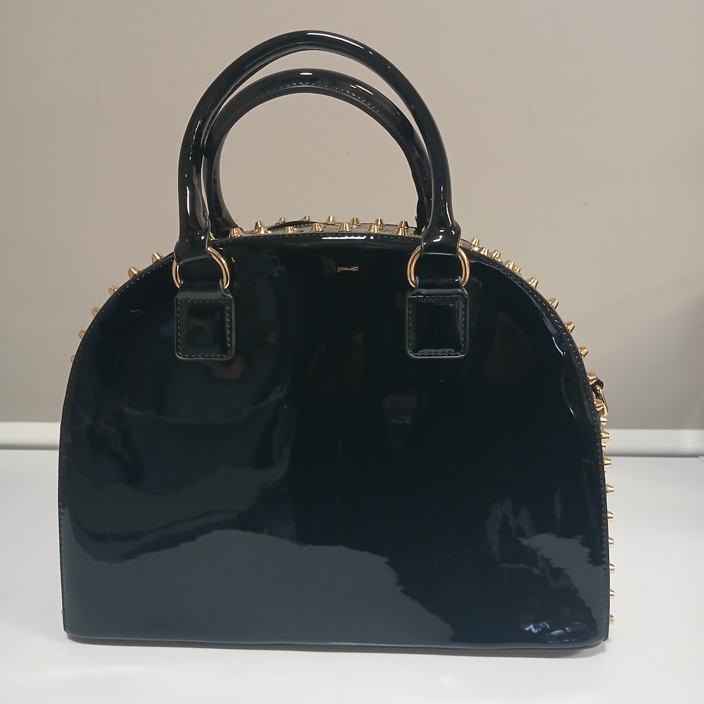 Large Black Patent & Gold Stud Satchel w/ Shoulder Strap NWOT
